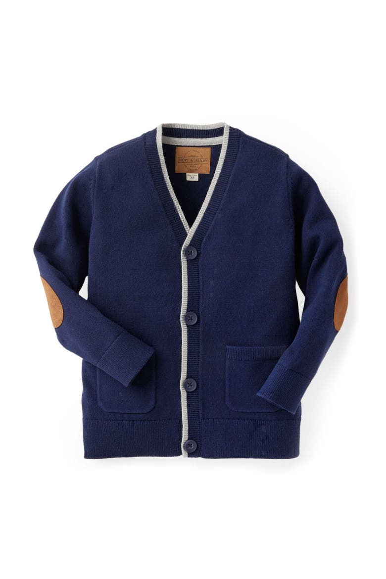Baby Boys' Organic Tipped Cardigan with Elbow Patches, Infant, Main, color, Navy