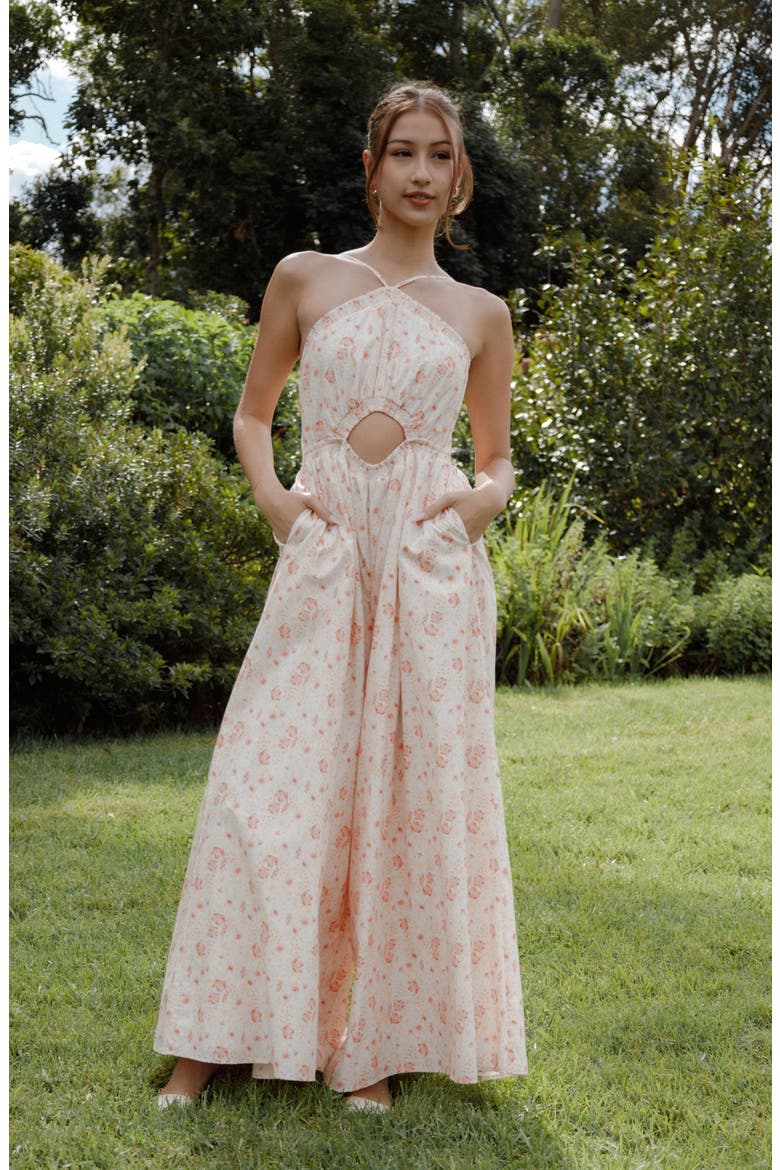 Madeira Floral Cutout Halter Neck Jumpsuit, Alternate, color, PEACH DITSY FLORAL