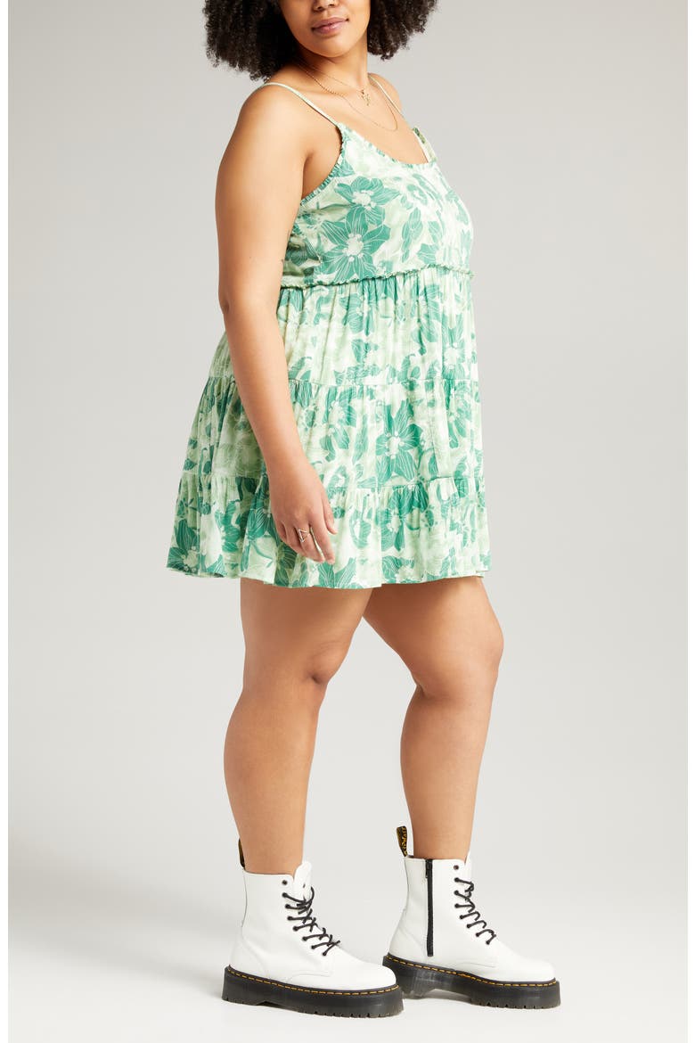 Floral Tiered Babydoll Minidress, Alternate, color, GREEN SUNBURST HIBISCUS