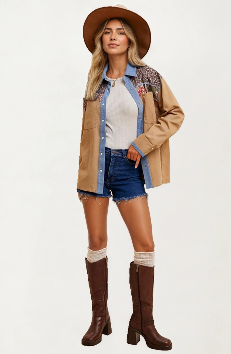 Knit and Lounge Patchwork Denim Trim Floral Accents Button-Up Jacket, Alternate, color, Tan / Denim / Floral