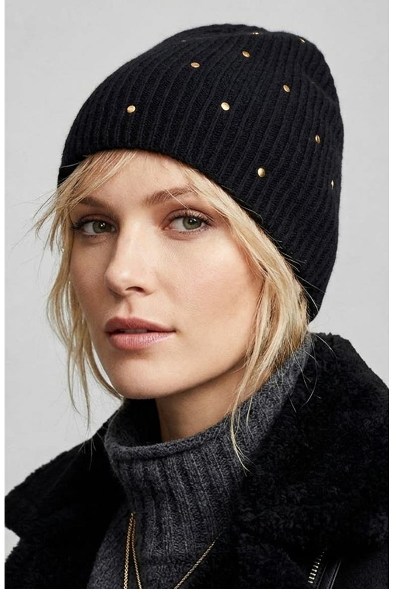 Ribbed Studded Cashmere Beanie, Alternate, color, BLACK