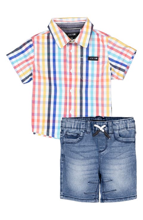 Plaid Short Sleeve Button-Up Shirt & Denim Shorts Set (Baby)