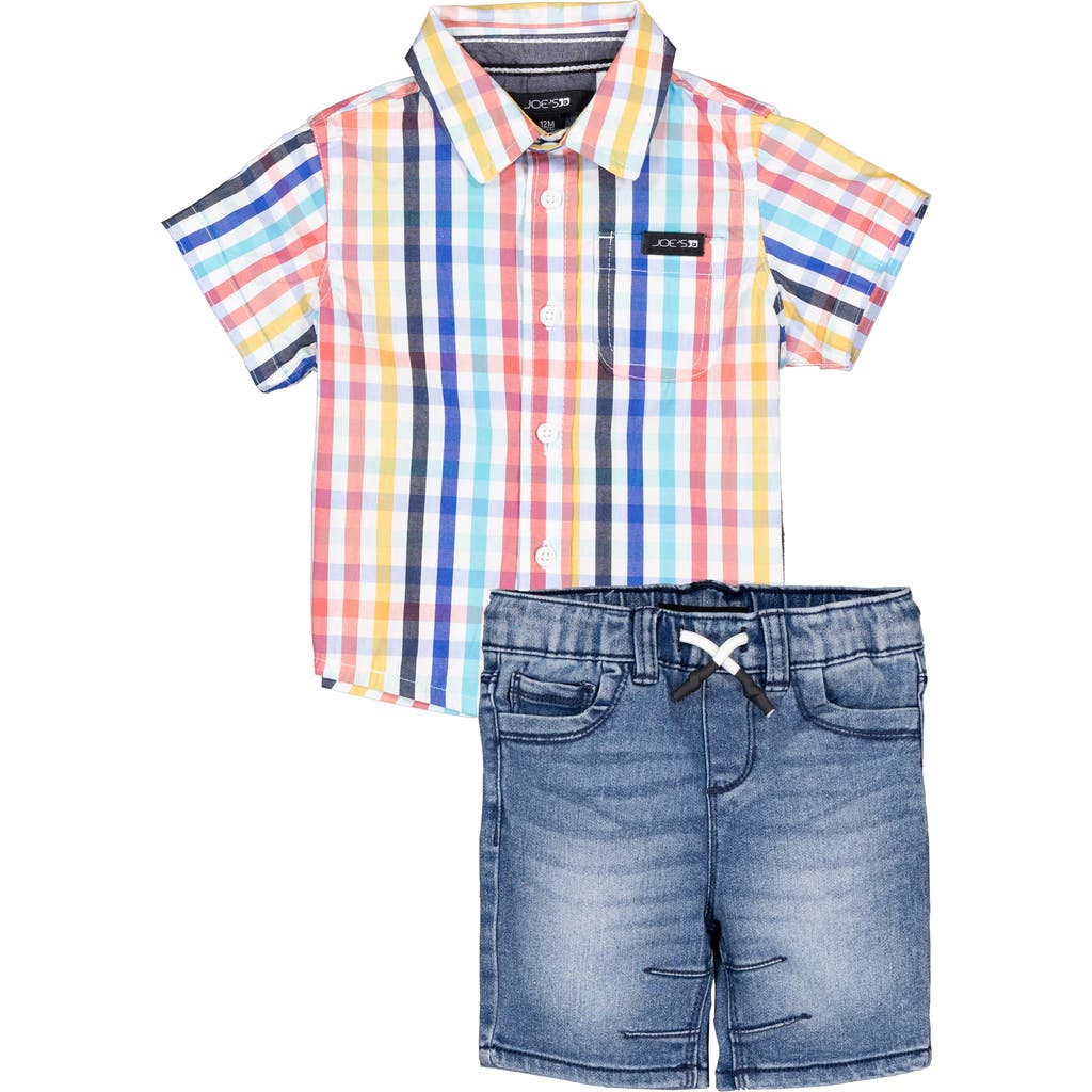 Joe's Plaid Short Sleeve Button-up Shirt & Denim Shorts Set In Blue Multi
