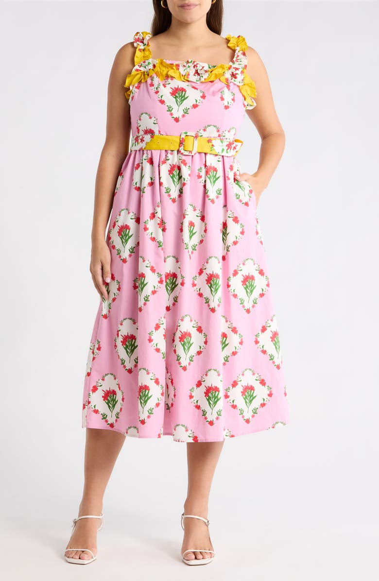 SUGARLIPS Maia Floral Strapless Ruffle Midi Dress, Main, color, Pink-Multi