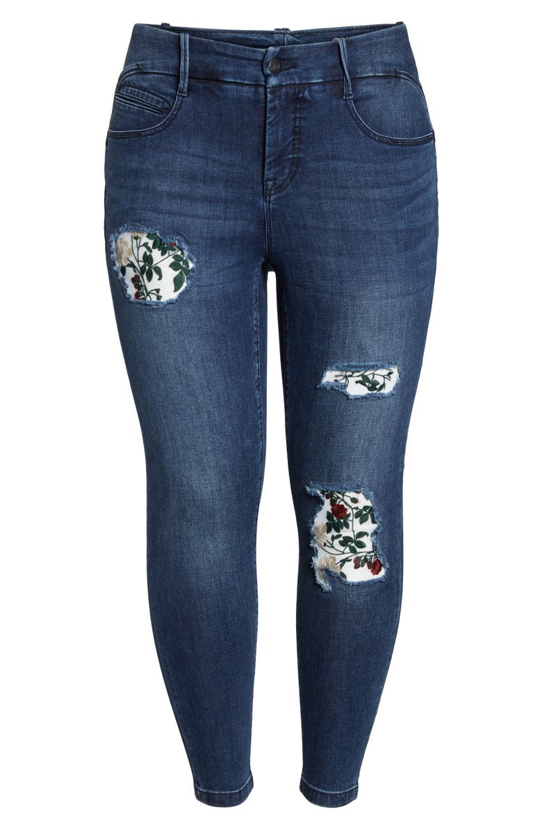 YSJ Floral Patch Ankle Skinny Jeans, Alternate, color, 