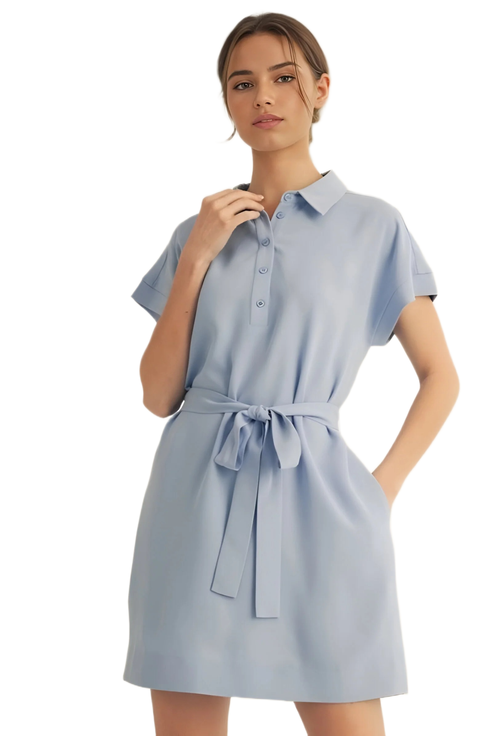 Collared Short Sleeve Mini Dress with Waist Tie