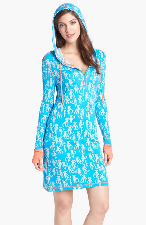 Munki Munki Hooded Henley Sleep Shirt In Blue