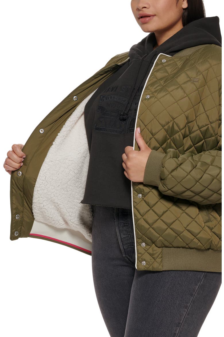 Quilted Water Resistant Bomber Jacket with Faux Shearling Lining, Alternate, color, ARMY GREEN