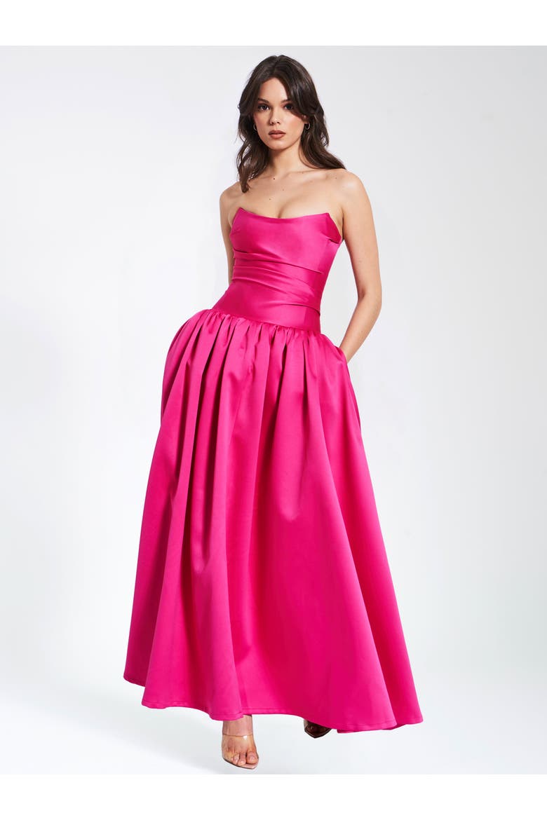 Walterina Satin Strapless Drop Waist Corset Gown, Main, color, Fuchsia