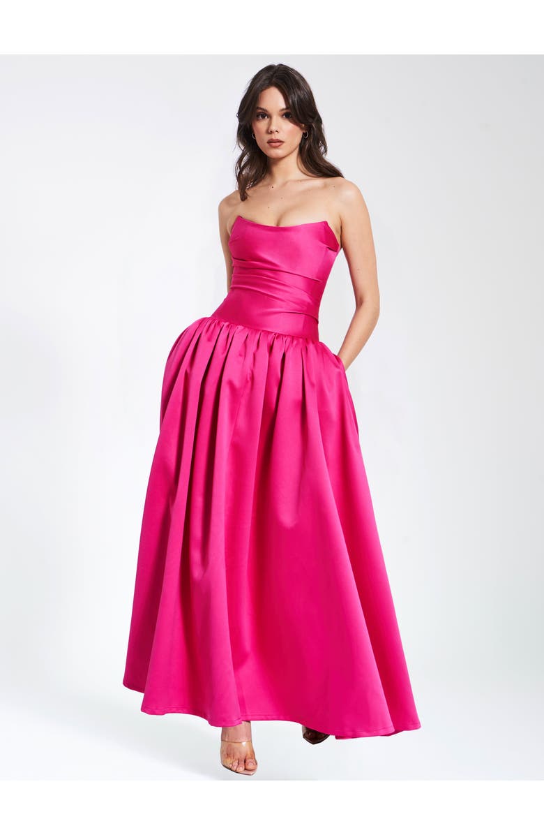 Miss Circle Walterina Satin Strapless Drop Waist Corset Gown, Main, color, Fuchsia