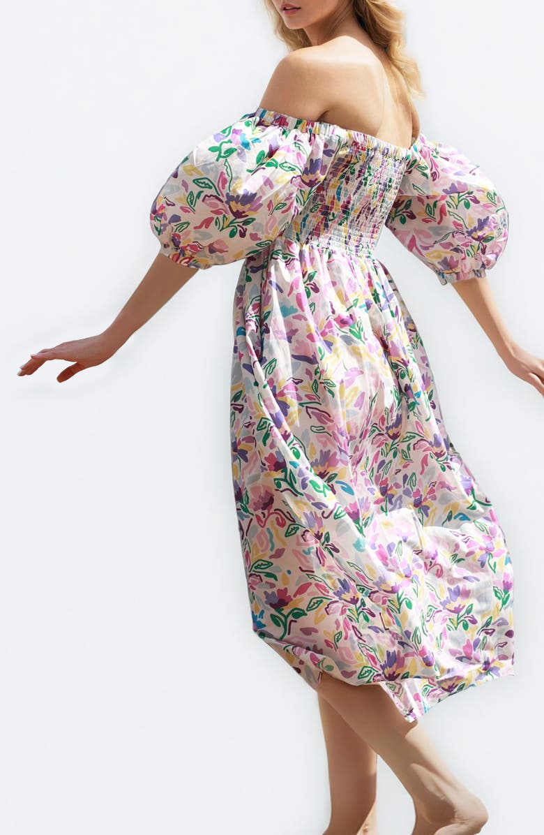 Jessie Zhao New York Violet Garden Smocked Cotton Silk Dress, Alternate, color, Purple