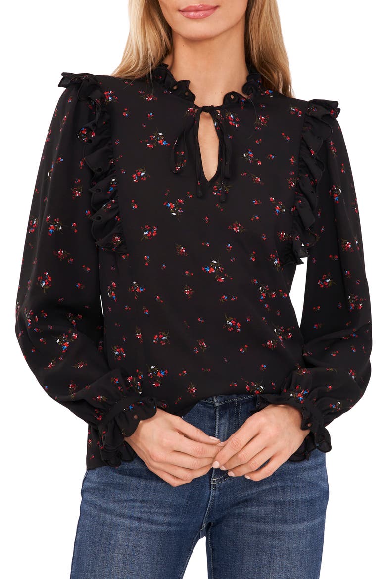 Floral Ruffle Split Neck Blouse, Main, color, RICH BLACK