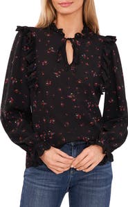 CeCe Floral Ruffle Split Neck Blouse