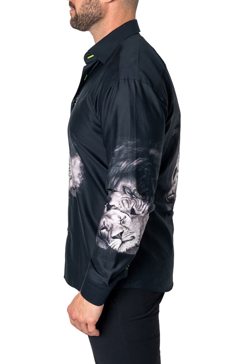 Fibonacci Love Lion Cotton Button-Up Shirt, Alternate, color, BLACK