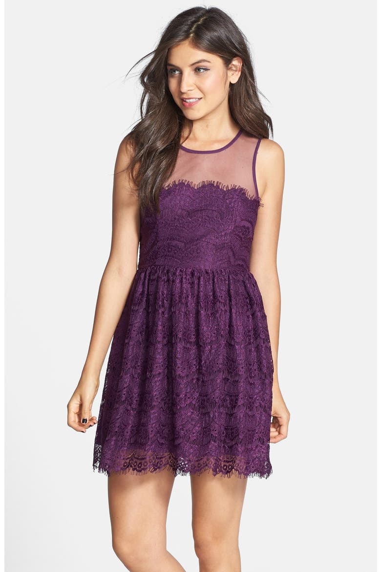 Eyelash Lace Skater Dress, Main, color, EGGPLANT