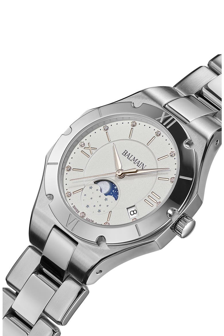 Be Balmain Diamond Moon Phase Bracelet Watch, 33mm, Alternate, color, STAINLESS STEEL