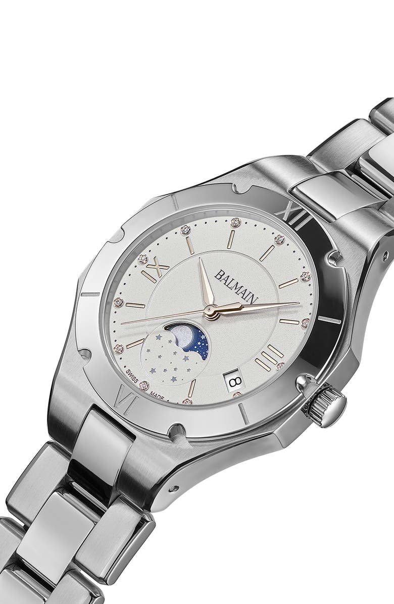 BALMAIN WATCHES Be Balmain Diamond Moon Phase Bracelet Watch, 33mm, Alternate, color, Stainless Steel