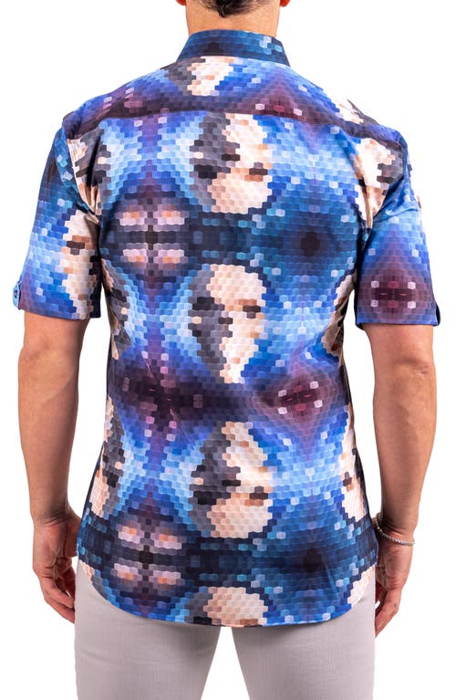 Maceoo Galileo Resistance2201 Blue Pixelated Face Print Short Sleeve Button-up Shirt