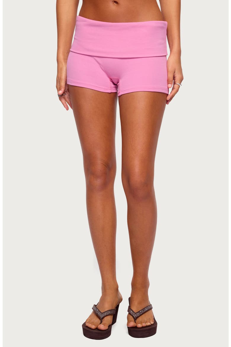 Audrea Foldover Stretch Cotton Bike Shorts, Main, color, FUCHSIA