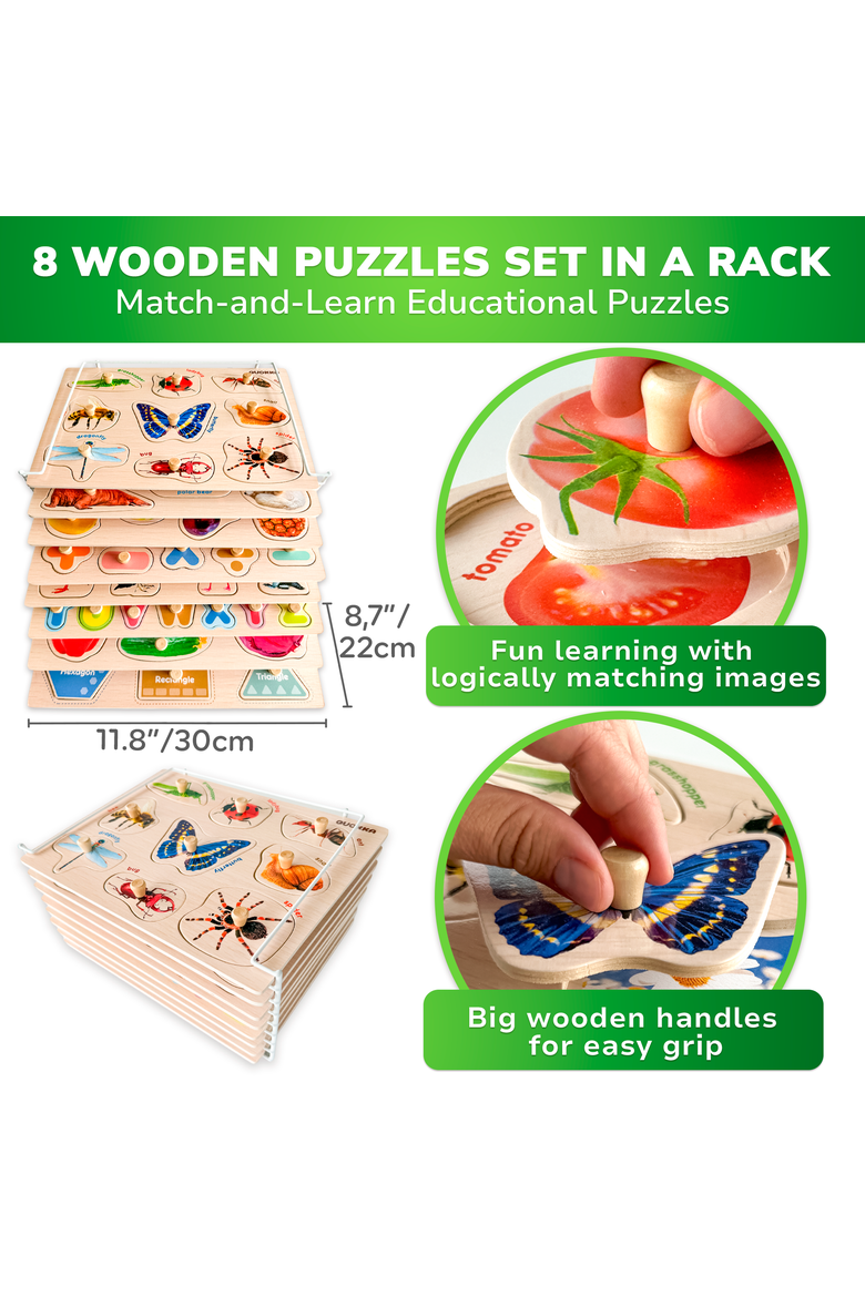 Wooden Puzzle Board Set for Toddlers, Alternate, color, 8 Realistic in a Rack