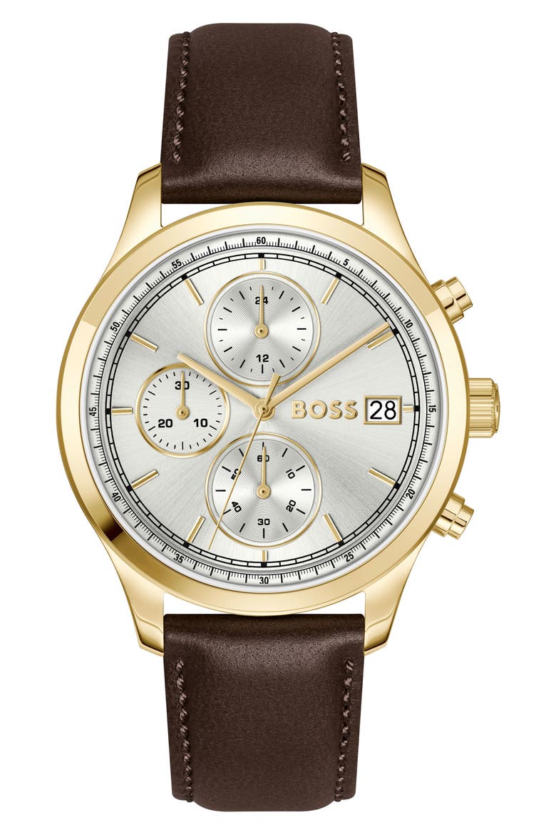 Stratus Chronograph Leather Strap Watch, 41mm, Main, color, SILVER