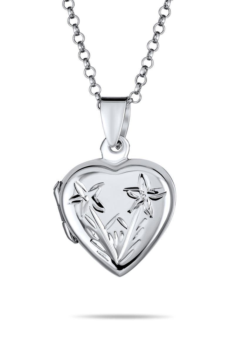 Sterling Silver Carved Flower Heart Locket Necklace, Main, color, SILVER