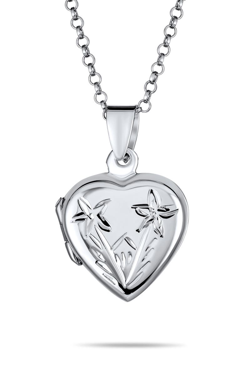 BLING JEWELRY Sterling Silver Carved Flower Heart Locket Necklace, Main, color, 