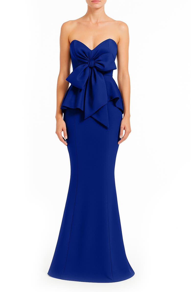 Badgley Mischka Collection Bow Detail Strapless Peplum Mermaid Gown, Main, color, Blueberry