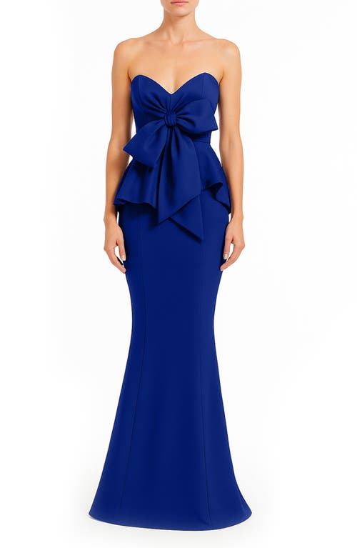 Badgley Mischka Collection Bow Detail Strapless Peplum Mermaid Gown In Blue