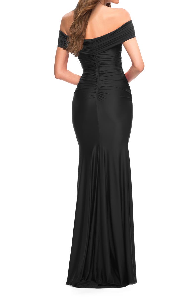 La Femme Off the Shoulder Ruched Jersey Trumpet Gown, Alternate, color, 