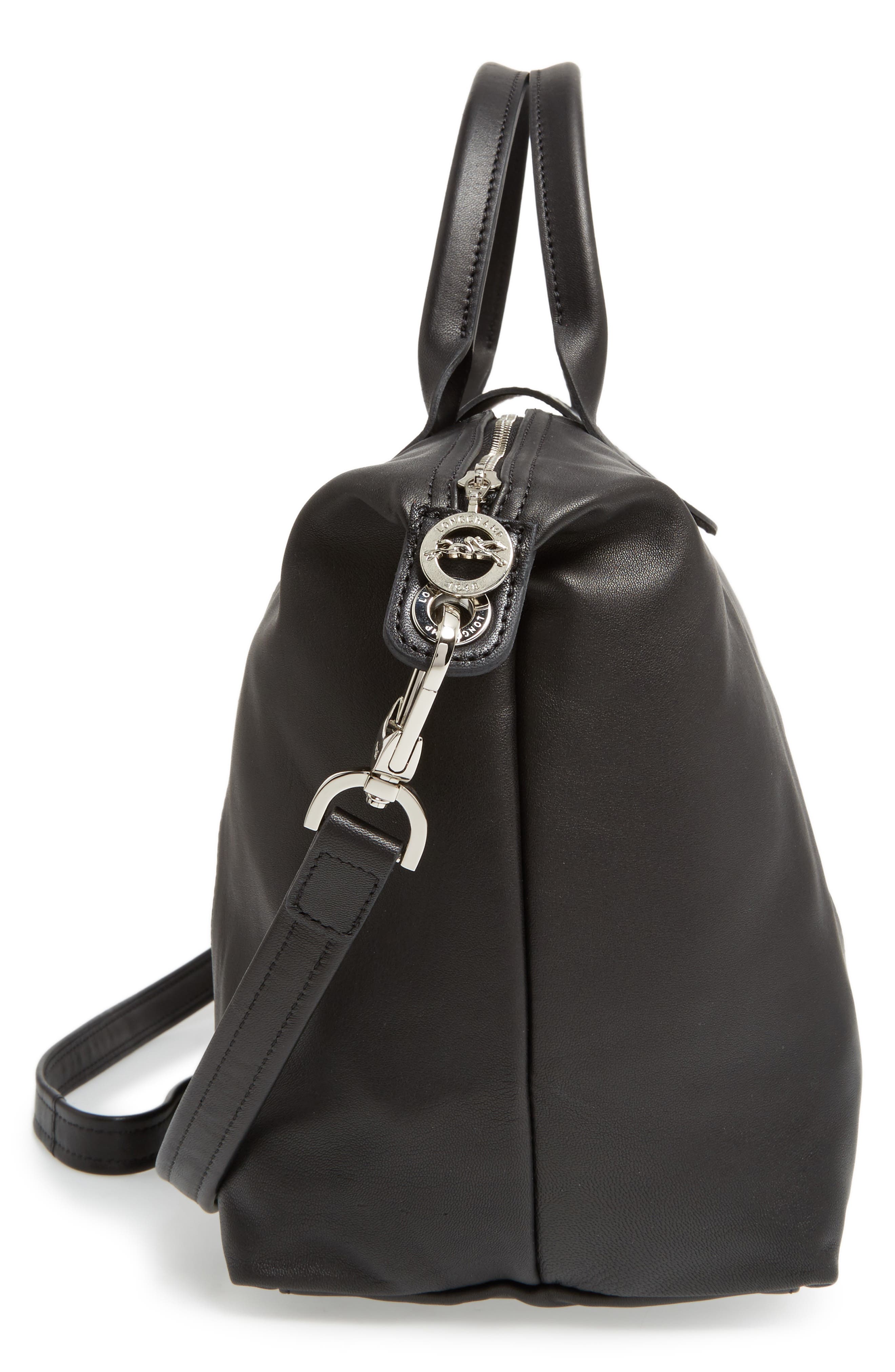 Medium 'Le Pliage Cuir' Leather Top Handle Tote, Alternate, color, BLACK
