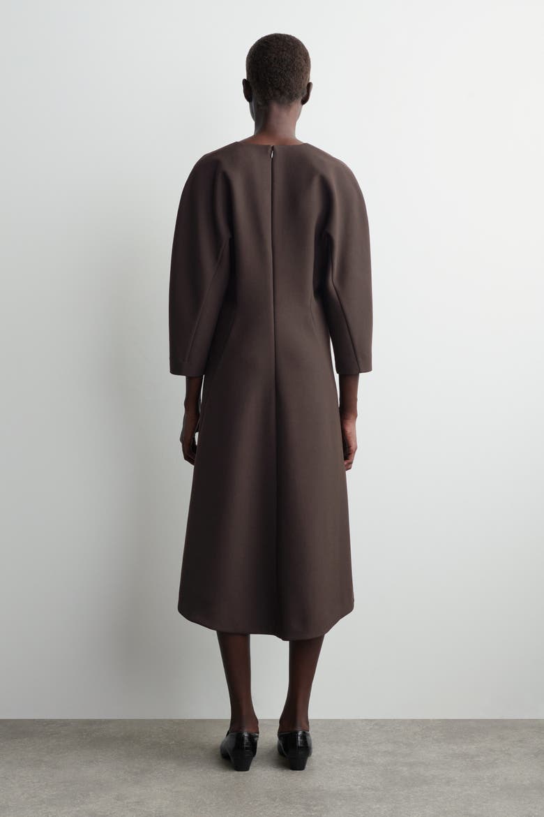 Sculpted Long-Sleeved Midi Dress, Alternate, color, BROWN