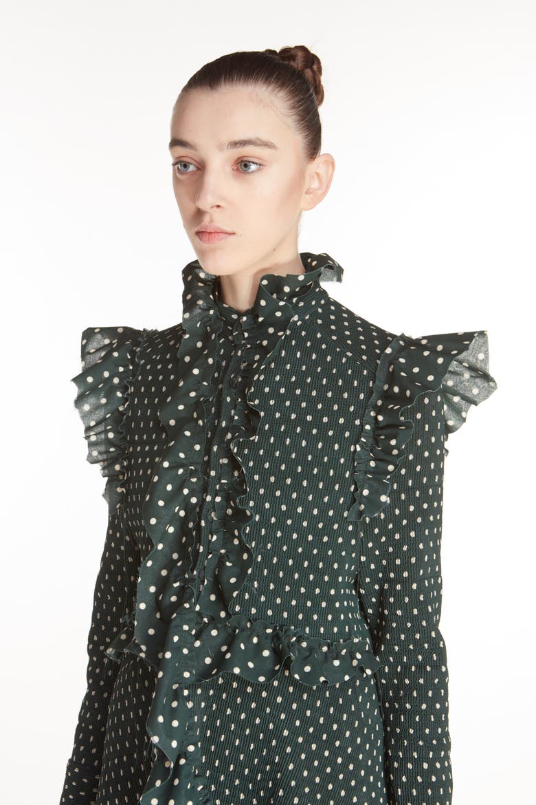 High Neck Frilled Polka Dot Dress, Alternate, color, GREEN