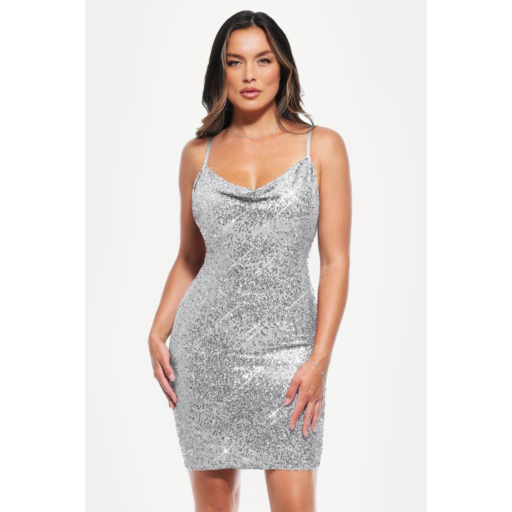 Popilush Sequin Cowl Neck Sculpting Mini Dress In Gray