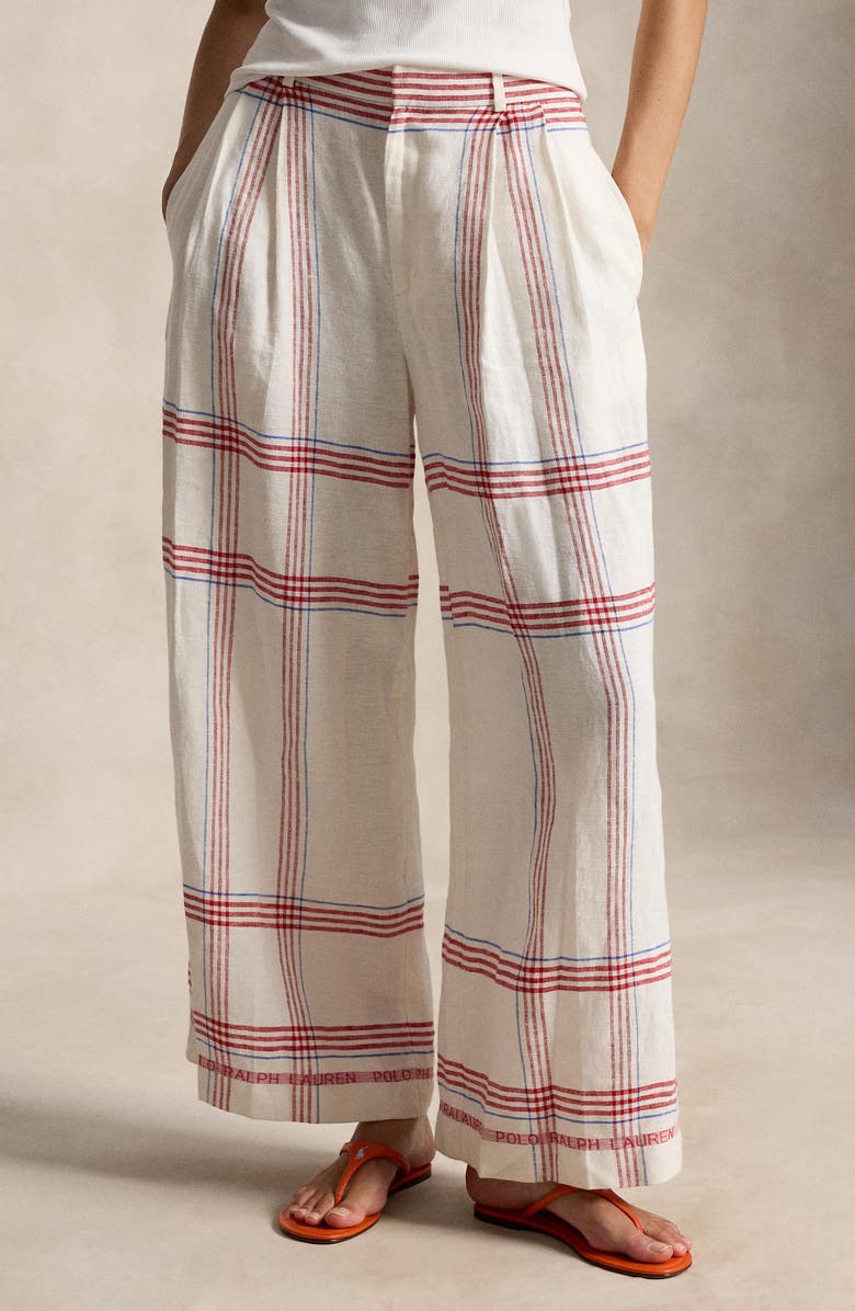 Polo Ralph Lauren Plaid Linen Crop Wide Leg Pants, Alternate, color, Cream-Red Multi