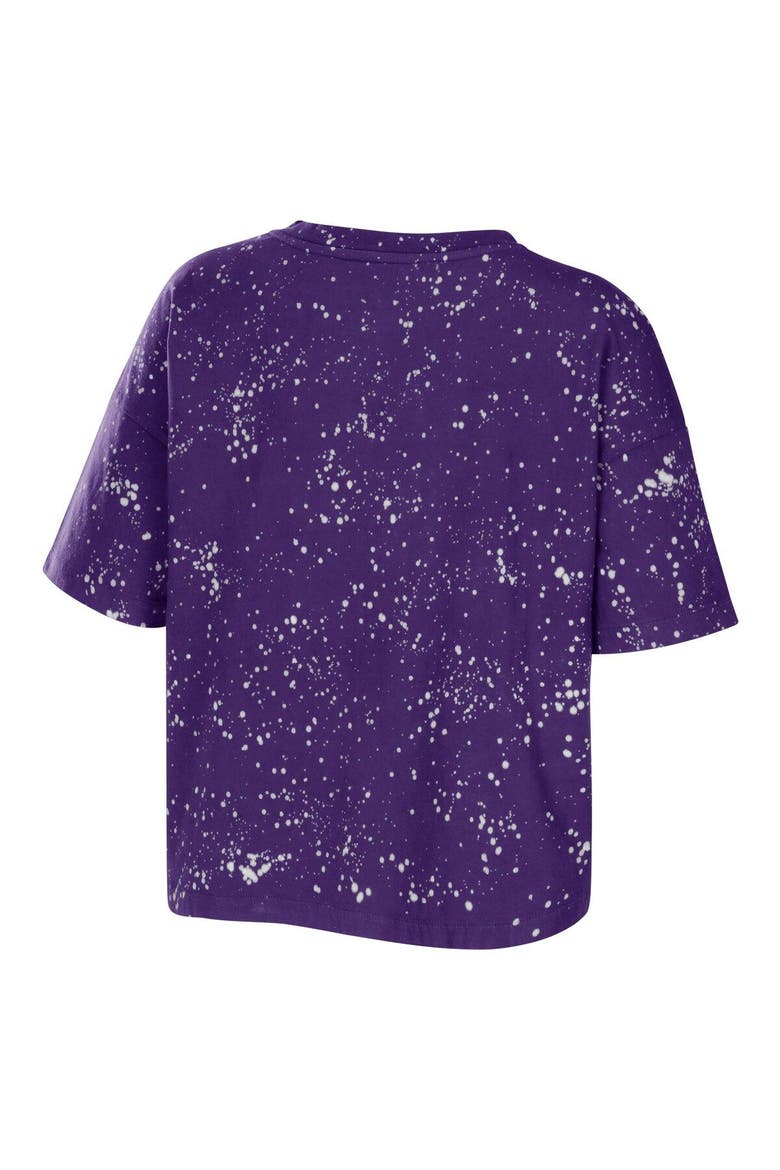 Women's WEAR by Erin Andrews Purple Los Angeles Lakers Bleach Splatter Notch Neck T-Shirt, Alternate, color, Purple