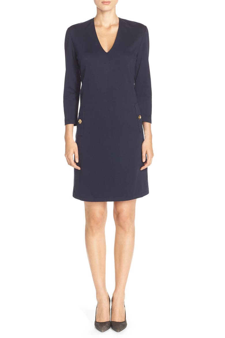 Button Pockets Ponte A-Line Dress, Alternate, color, NAVY