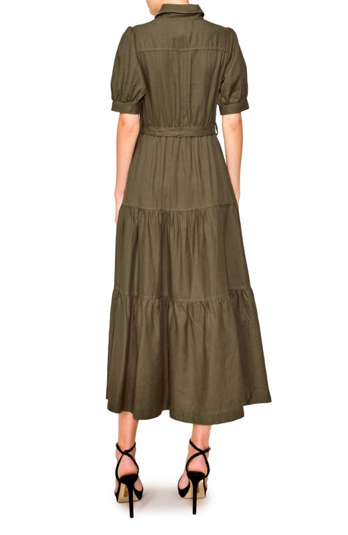 Melloday Puff Sleeve Linen Blend Maxi Shirtdress In Olive