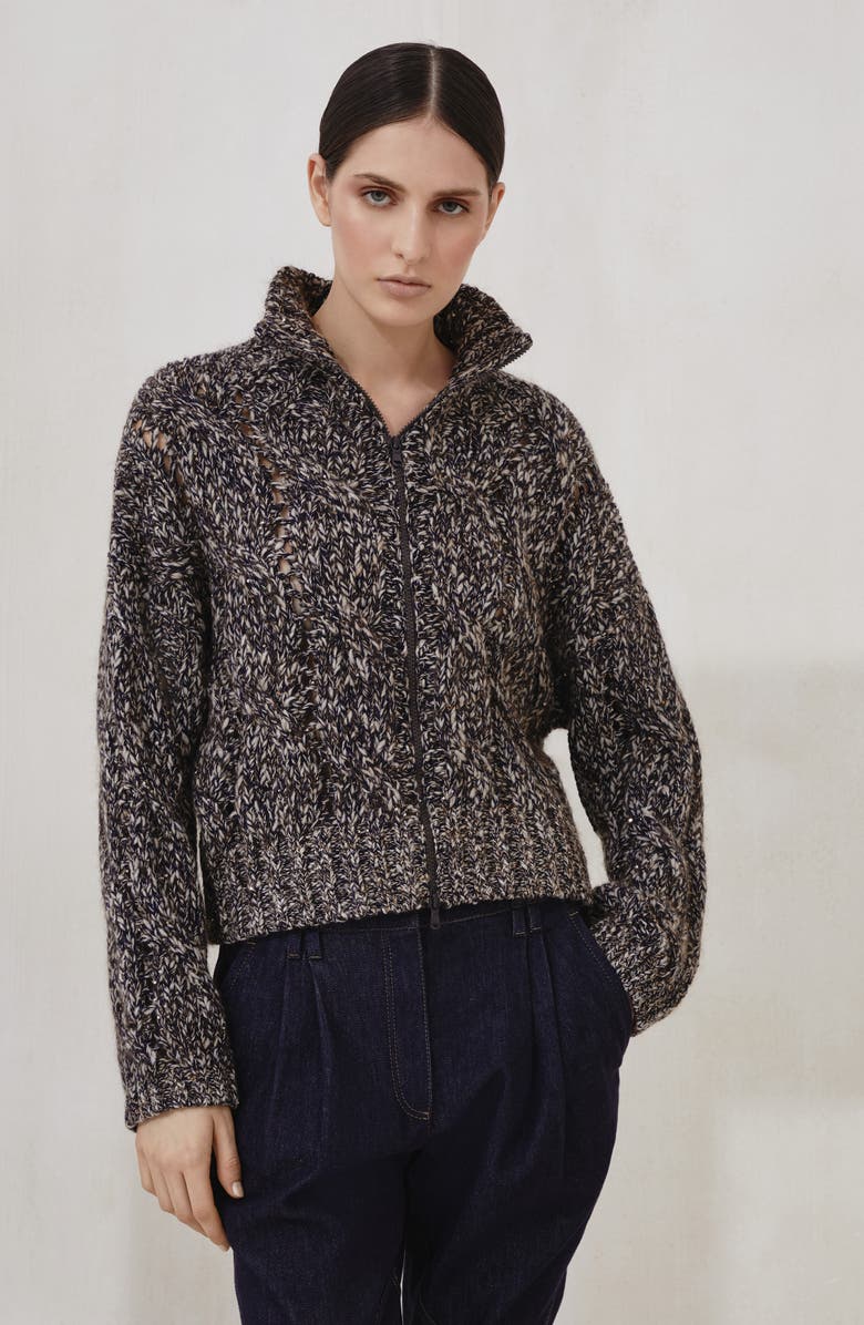 Brunello Cucinelli Dazzling chiné cardigan with zipper, Alternate, color, Blue