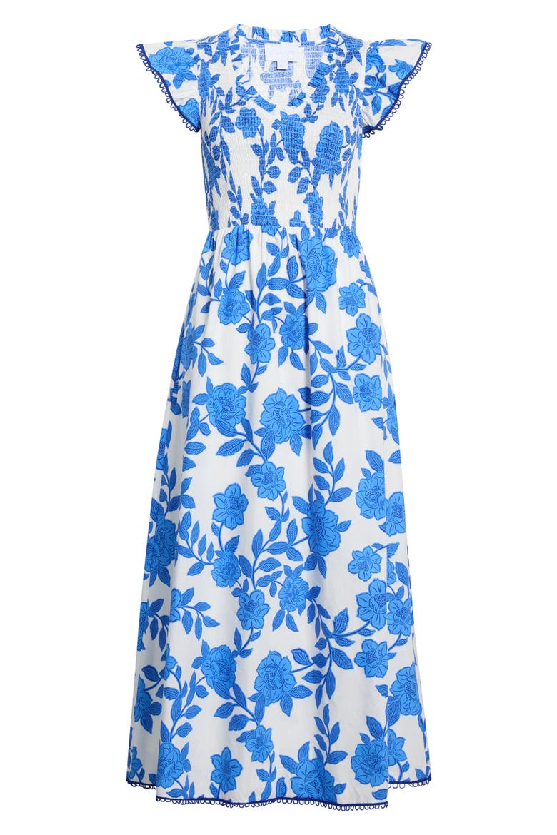 Merlin Floral Smock Bodice Cotton Dress, Alternate, color, WHITE-BLUE-MULTI