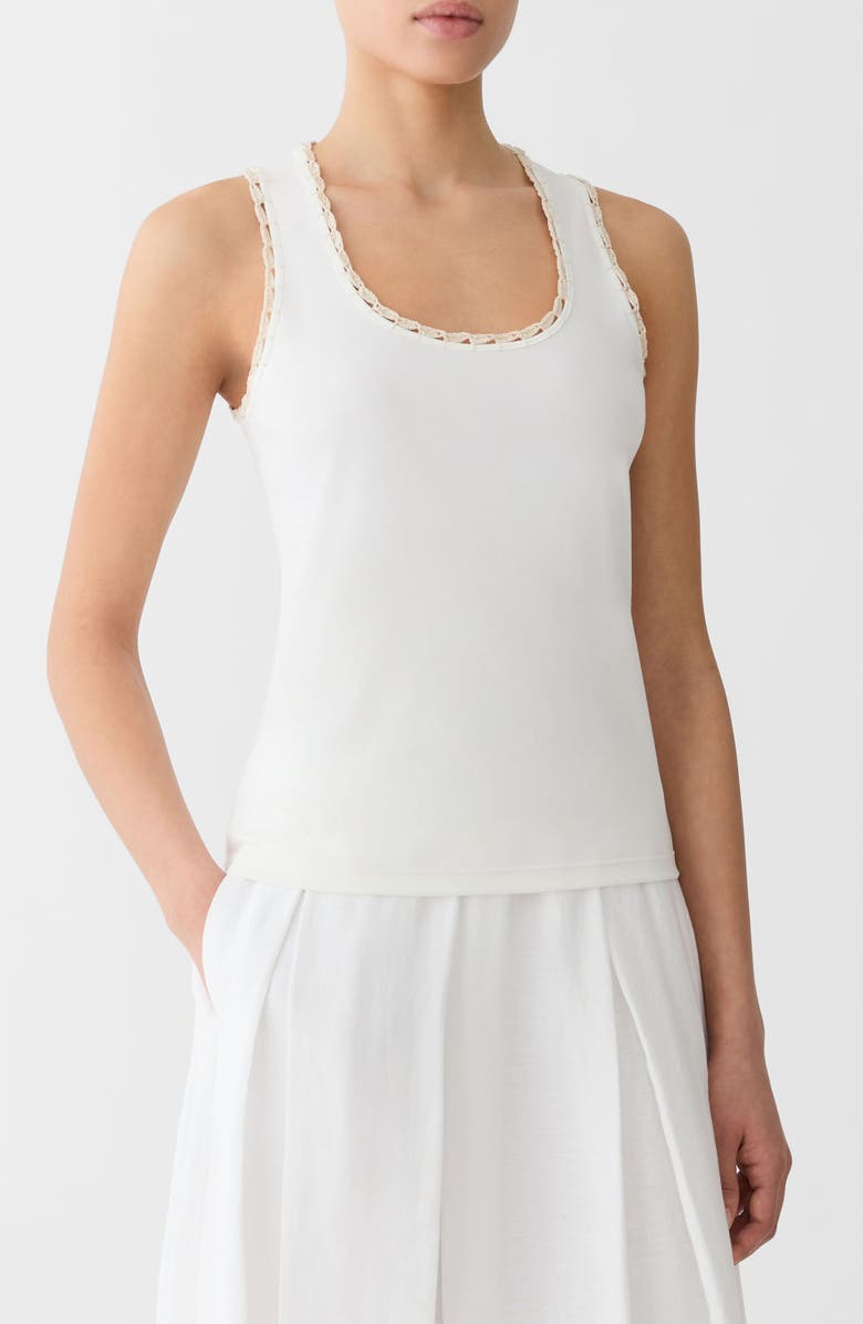 Lafayette 148 New York Rib Crochet Trim Stretch Cotton Tank, Main, color, White