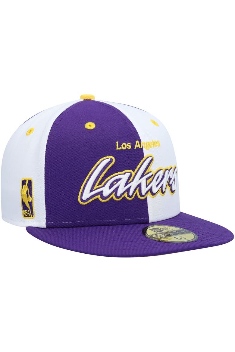 Men's New Era Purple/White Los Angeles Lakers Script Pinwheel 59FIFTY Fitted Hat, Alternate, color, Purple