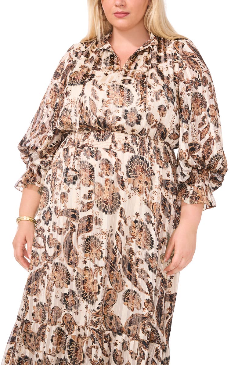 Vince Camuto Print Tie Neck Long Sleeve Maxi Dress, Alternate, color, 