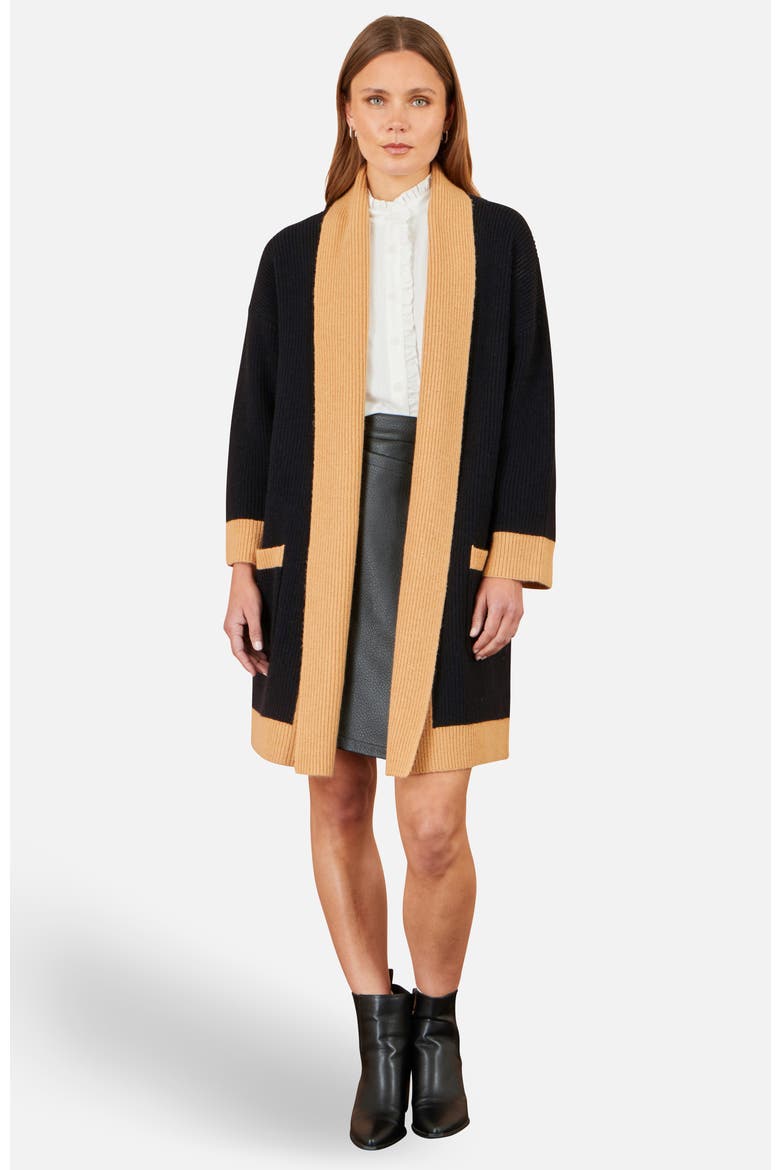 Longline Ribbed Border Open Cardigan, Main, color, Black