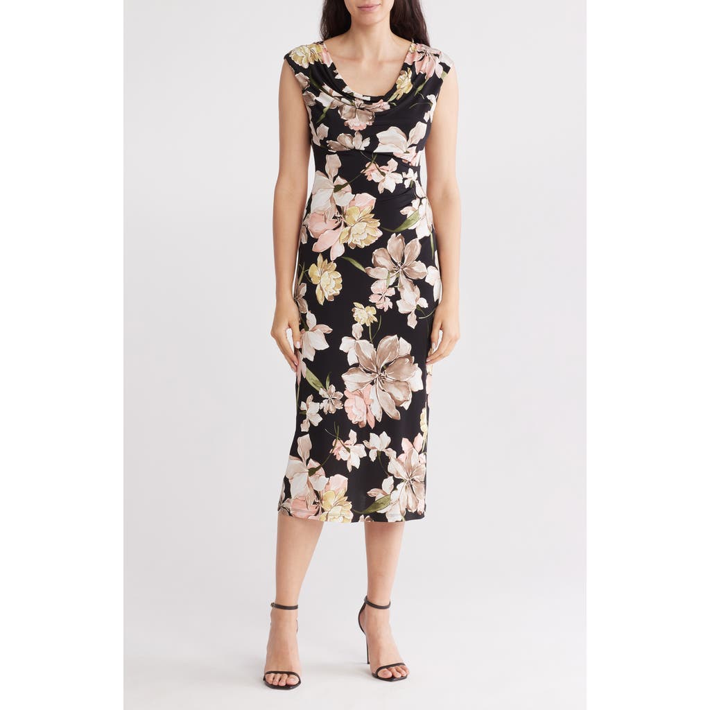 Connected Apparel Drape Neck Midi Dress In Black Camel