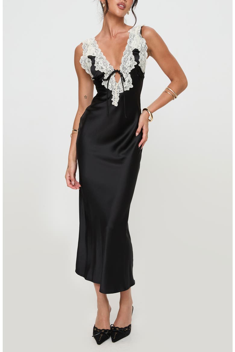 Nourish Lace Trim Satin Cocktail Dress, Main, color, BLACK
