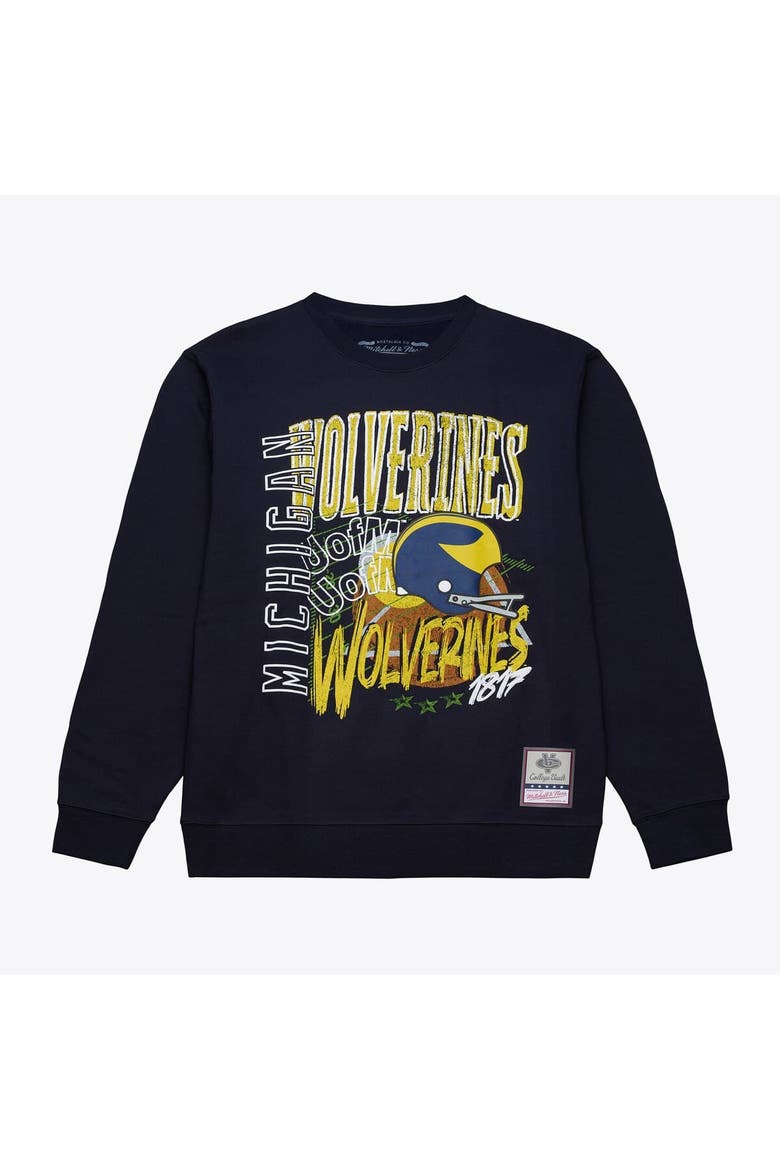 Men's Mitchell & Ness  Navy Michigan Wolverines Half Time Fleece Crewneck Sweatshirt, Main, color, Navy