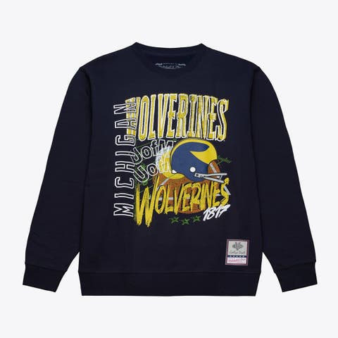 Men's Mitchell & Ness  Navy Michigan Wolverines Half Time Fleece Crewneck Sweatshirt