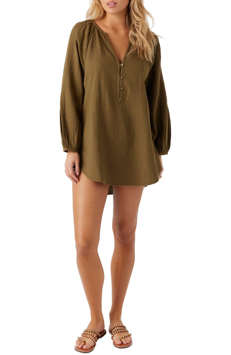 O'Neill Krysten Cotton Gauze Cover-Up Tunic Minidress, Main, color, Military Olive