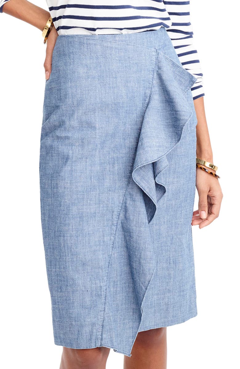 J.CREW FACTORY J.Crew Chambray Ruffle Skirt, Main, color,